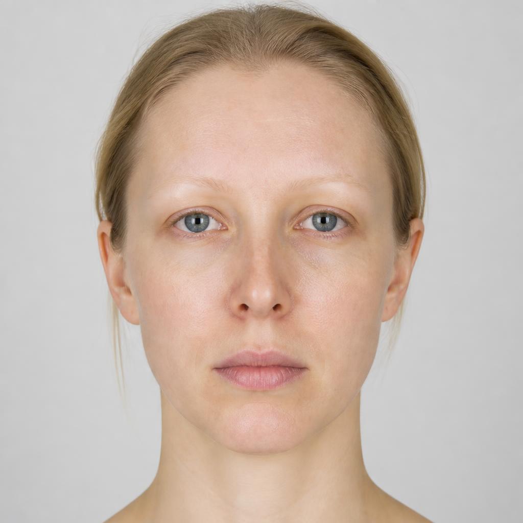 Nærbillede af et ansigt før permanent makeup med lyse bryn og utydelig læbekontur.